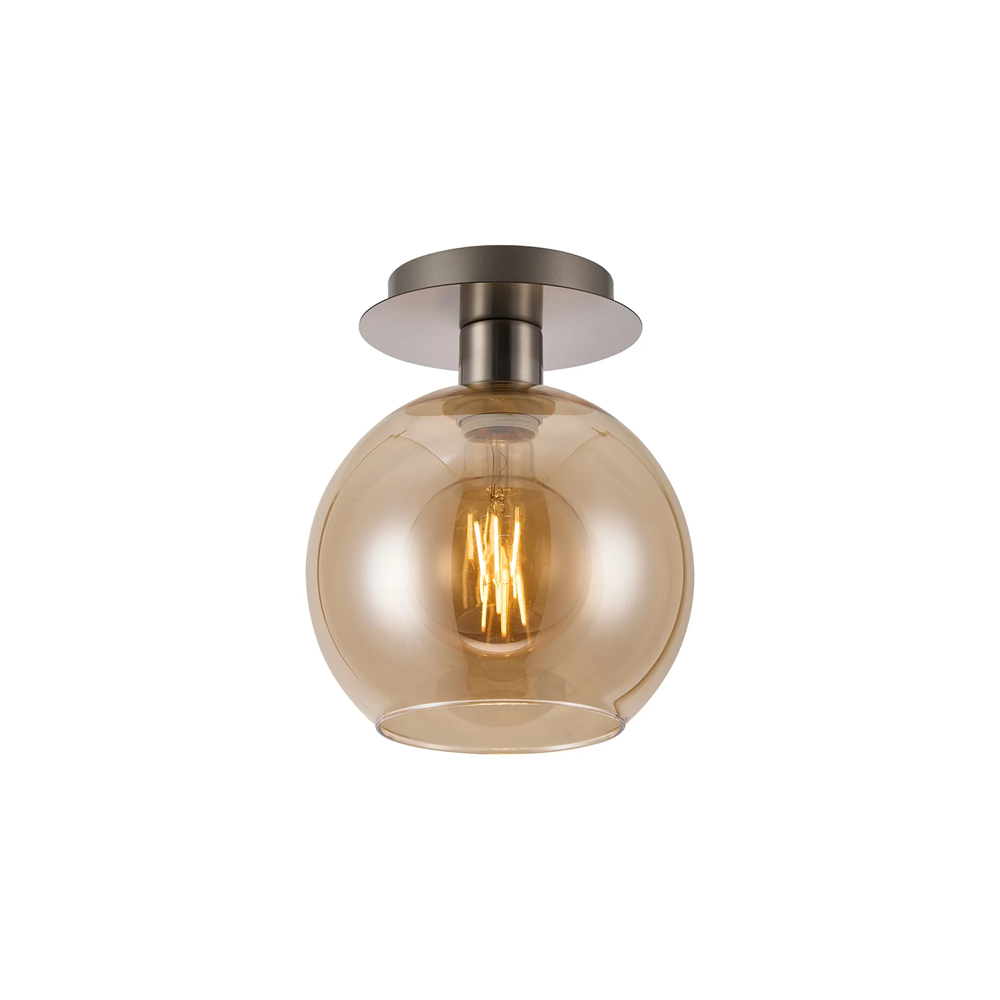 DK1417  Lori 15cm Round Ceiling Flush, 1 Light Flush Fitting E27, Satin Nickel/Amber Open Mouth Round Globe Shades